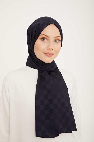 Armine Trend Jacquard Navy Blue Checkers Pattern Diamond Shawl 2-1393