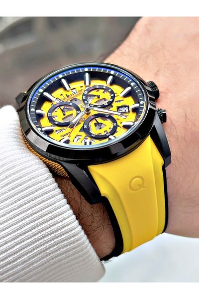 Quantum Function Yellow Color Silicone Cord Steel Case Men Wrist Watch 1095614