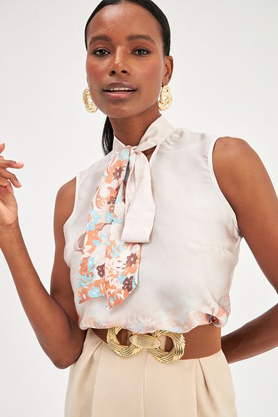 Sateen Beige Patterned Scarf Blouse - Short Sleeve