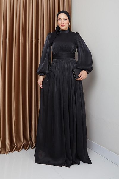 Olcay Hijab-Abendkleid aus Seide – Yoryo, Taillengürtel und Kordelzug-Detail, SCHWARZ 1225