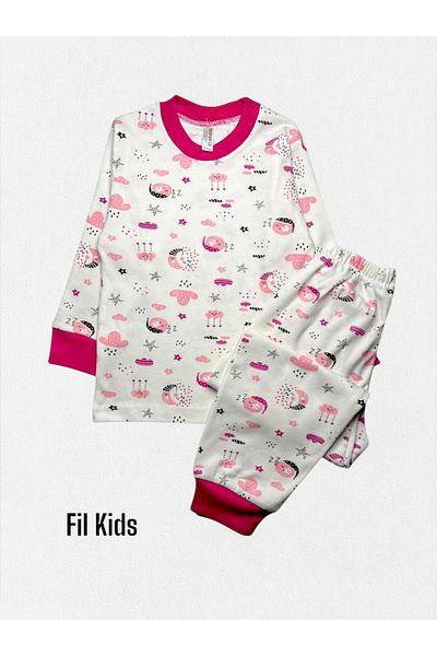 Fil Kids Girl's 100% Cotton White Pink Color Moon Star Night Themed Long Sleeve Sleep Pajamas Set