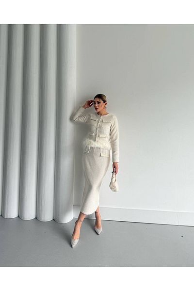 1Moda1Tarz Women's Imported Tweed Fabric Pearl Pocket Detail Otrish Lined Special Design Dress Cardigan Set
