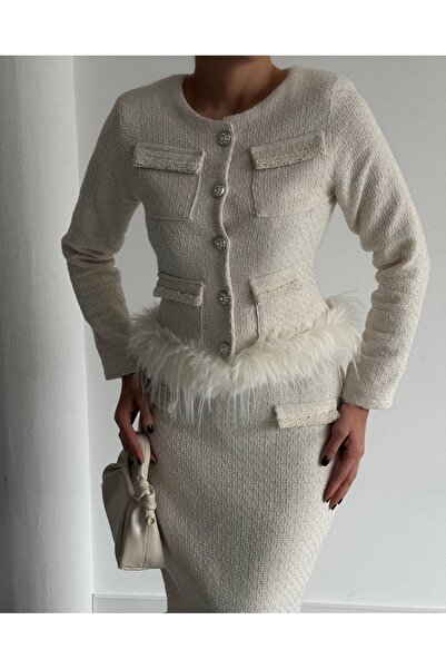 1Moda1Tarz Women's Imported Tweed Fabric Pearl Pocket Detail Otrish Lined Special Design Dress Cardigan Set