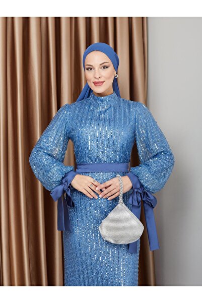 Olcay Kol Ağzı Fiyonk Detaylı Payet Tesettür Abiye Elbise MAVİ 1222