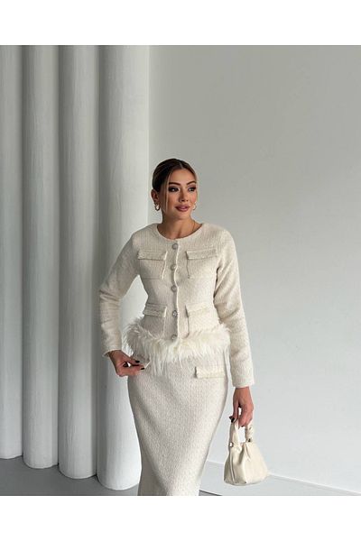1Moda1Tarz Women's Imported Tweed Fabric Pearl Pocket Detail Otrish Lined Special Design Dress Cardigan Set