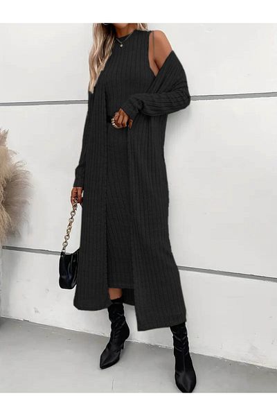 Moka Shopin Mokashopin Women - Long Sleeve Semi Turtleneck Diving Dress and Long Cardigan Set