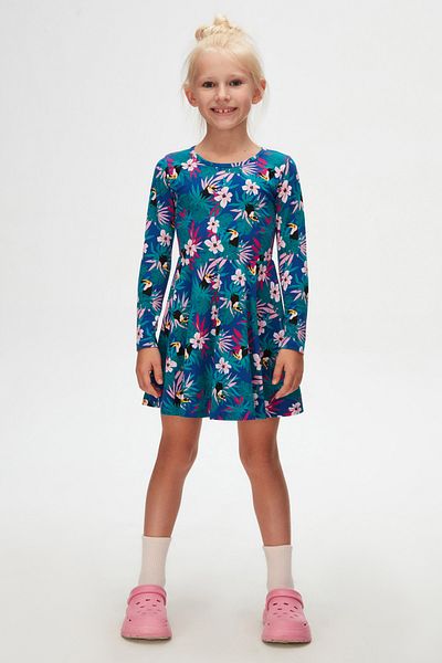 LOVETTI Girl's Tropical Parrot Pattern Long Sleeve Dress