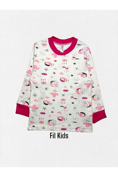 Fil Kids Girl's 100% Cotton White Pink Color Moon Star Night Themed Long Sleeve Sleep Pajamas Set