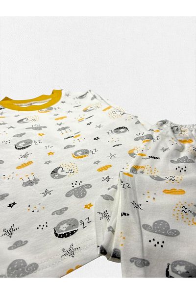 Fil Kids Boy's 100% Cotton White Mustard Color Moon Star Night Themed Long Sleeve Sleep Pajamas Set