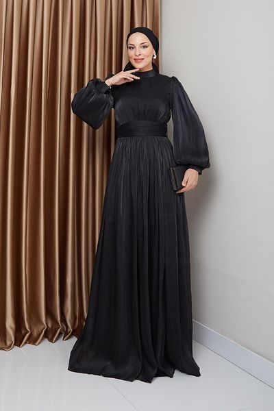 Olcay Hijab-Abendkleid aus Seide – Yoryo, Taillengürtel und Kordelzug-Detail, SCHWARZ 1225
