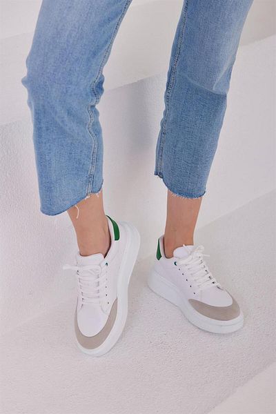 Madamra White-green Women's Lace-Up Thick-Sole Sneakers and Sports Shoes