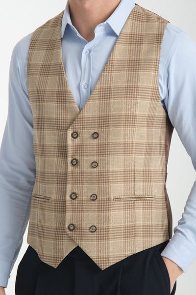 Frappoli Plaid Print V-Neck Double Breasted Vest Slim Fit