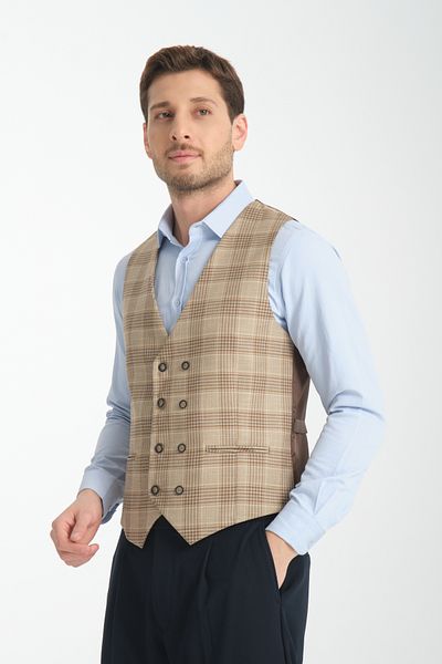 Frappoli Plaid Print V-Neck Double Breasted Vest Slim Fit