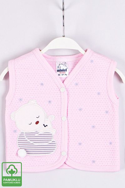 Miniel Baby Girl with Teddy Bear Embroidered Organic Cotton 1-3-6-9 Months Quilted Baby Vest - Pink