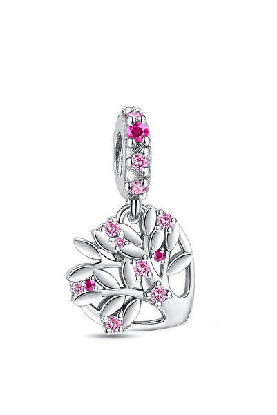 Fubena Pembe Taşlı Aile Ağacı Kalp Sallantılı 925 Ayar Gümüş Charm
