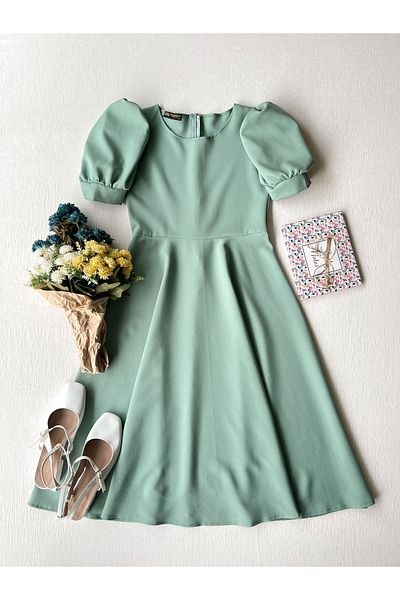 KÜÇÜĞÜM BUTİK Green Watermelon Sleeve Midi Crepe Mother-Daughter Combination (Single Sold)