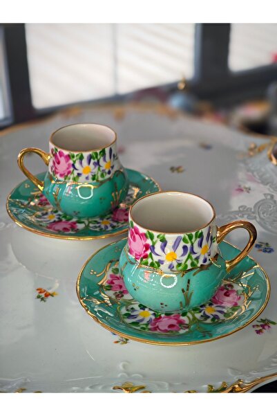 manushum El Boyama Porselen 2li Set Osmanlı Saray Kahve Fincan Takımı-mint