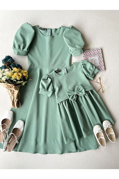 KÜÇÜĞÜM BUTİK Green Watermelon Sleeve Midi Crepe Mother-Daughter Combination (Single Sold)