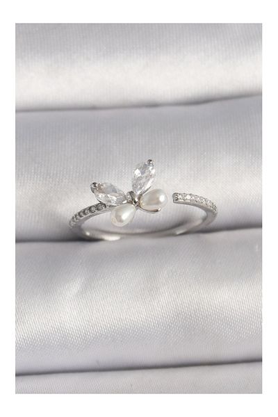 Clariss Brass Silver Color Zircon Stone Butterfly Model Pearl Detailed Adjustable Ring