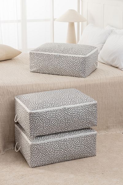 REKHOME 3-Piece Large Size Gray Leaf Printed Base Pillow, Quilt, Sweater Hurcu / 62x46x22