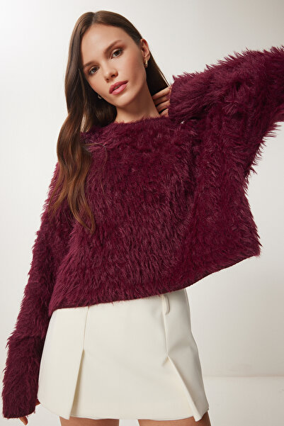 Lovelyİstanbul Sakallı Yumuşak Dokulu Triko Kazak BORDO LUS0060