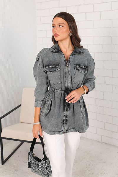 Melike Tatar Anthracite Jeans Jacket with Stone Detail - 32-4003-1