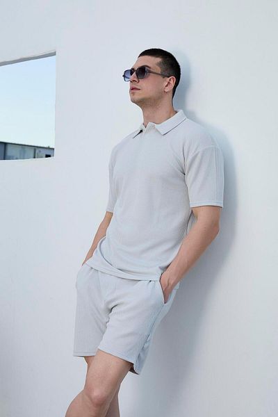 Pobudo Polo Neck Gray Shorts T-Shirt Set - Twist Fabric