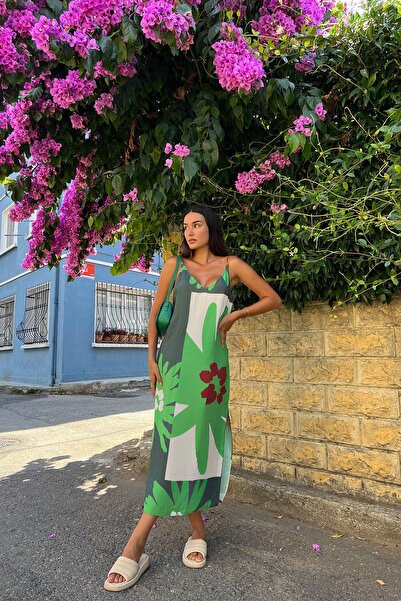 FOR YOU MODA Πράσινο φόρεμα με λουλούδια με λαιμόκοψη V