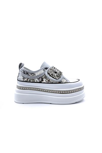 Guja High Sole Stone Sequin Detailed Women's Gray Velcro Stylish Sports Shoes