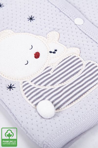 Miniel Unisex Baby Teddy Bear Embroidered Organic Cotton 1-3-6-9 Months Quilted Baby Vest - Gray