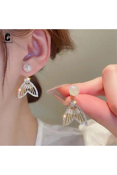 Pelin Aksesuar Ghost Fishtail Earrings with Pearls and Rhinestones