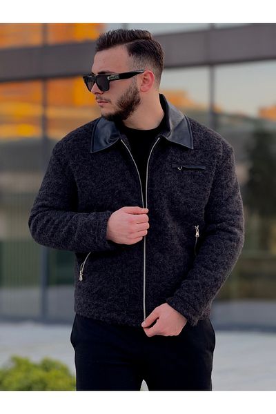 KINGAF Късо мъжко палто от кожа с кашмирена яка