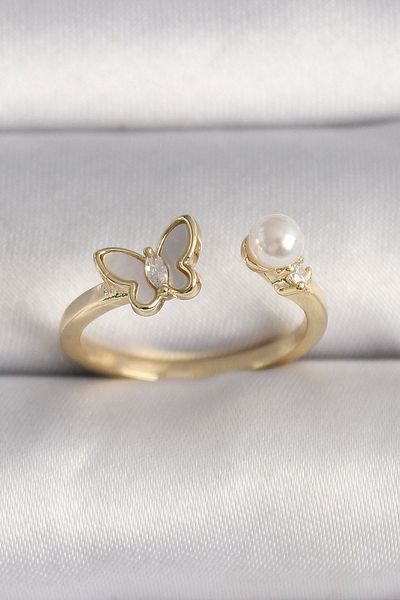 Clariss Brass Gold Color Zircon Stone Detailed White Enameled Butterfly Model Pearl Detail Adjustable Ring