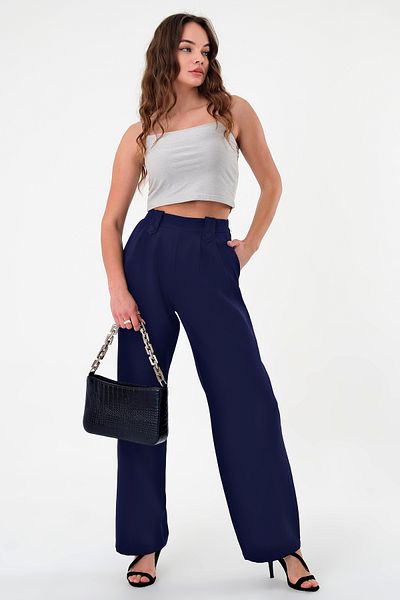 Hazel Women's Navy Blue Buttoned High Waist Palazzo Pants