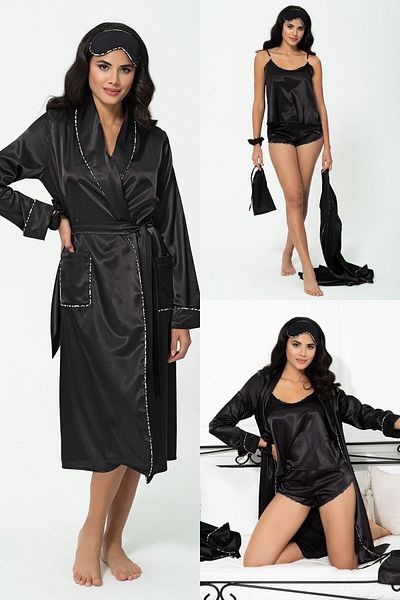 for you sleepwear 6-Piece Black Set with Leopard Piping Detailed Dressing Gown and Athlete Shorts