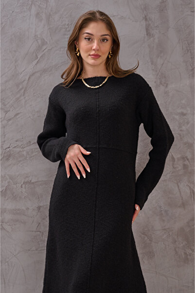 SHUGAA KADIN ÖNÜ DİKİŞ DETAYLI RAHAT KALIP EXTRA YUMUŞAK MİDİ BOY TRİKO ELBİSE