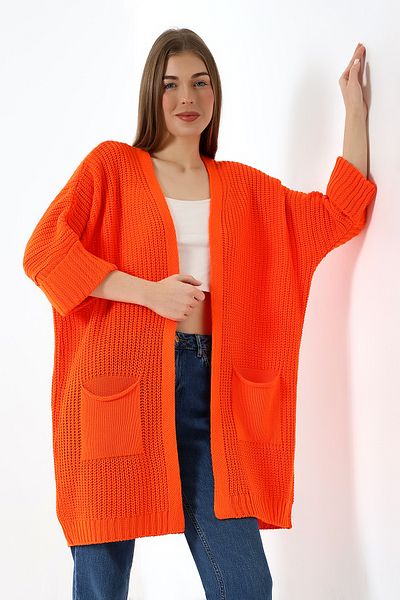Devinka Women's Oversize Women's Orange Long Pocket Knitwear Cardigan