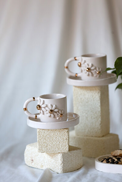 MERVEOKTAYSERAMİK 2'li el yapımı çiçekli seramik türk kahvesi fincanı