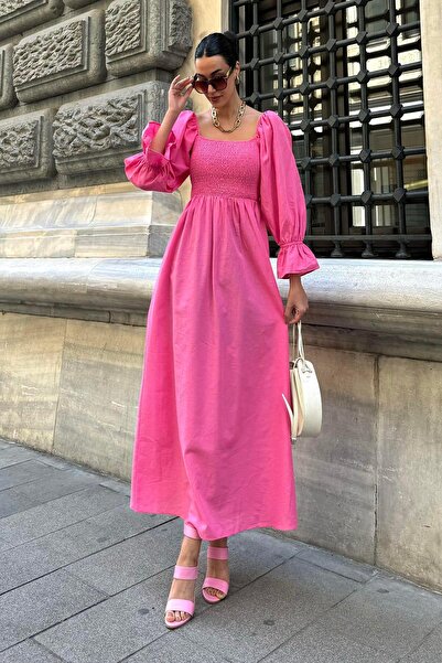 Now Moda Μακρύ φούξια φόρεμα από φυσική βισκόζη