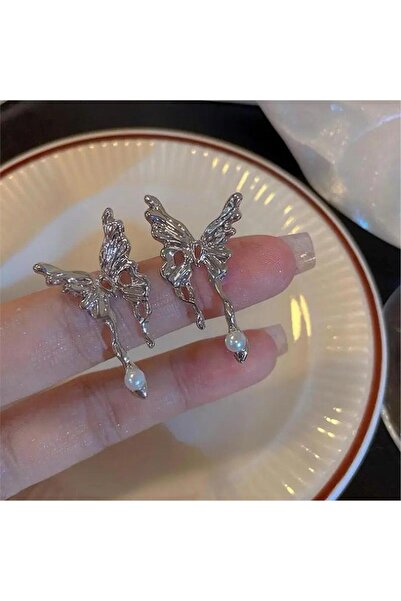 Pelin Aksesuar Silver Kelebek İnci Damlalı Küpe