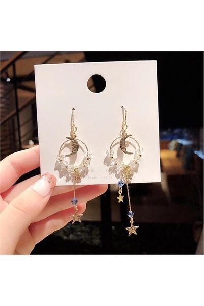 Pelin Aksesuar Gold Moon Star Dangle Earrings