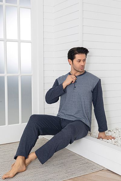 Sude HOMEWEAR Ανδρικό σετ πιτζάμες καπνιστό χρώμα ζακάρ μακρυμάνικο