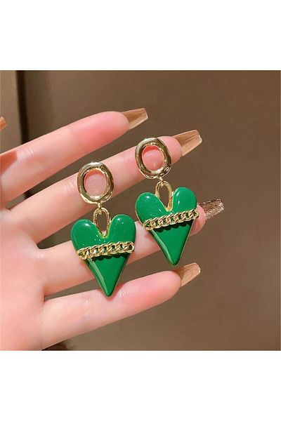 Pelin Aksesuar Green Chain Pattern - Heart Earring Design