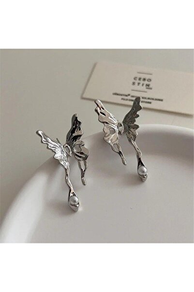 Pelin Aksesuar Silver Kelebek İnci Damlalı Küpe