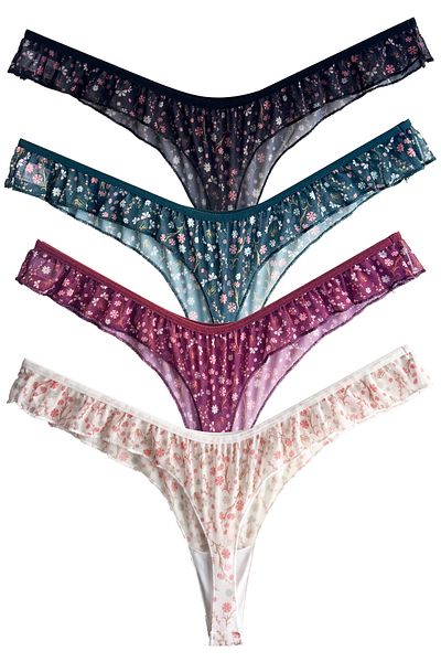 Cottonhill Floral Patterned Tulle Frilly Edged Thong 4 Pack Panties