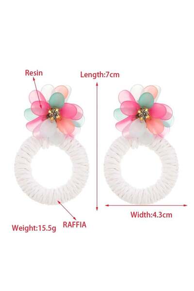 Pelin Aksesuar Renkli Çiçekli Beyaz İp Sarmal Daire Küpe