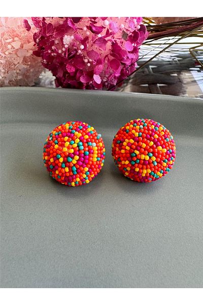 Pelin Aksesuar Orange Colored Bead Embroidered Big Stud Earring