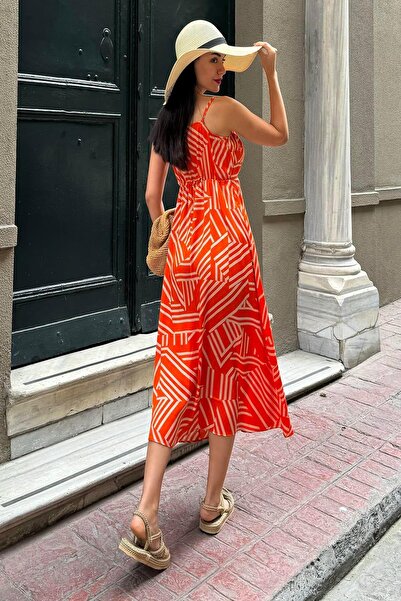 FOR YOU MODA Strappy Double Breasted Patterned Long Orange Dress