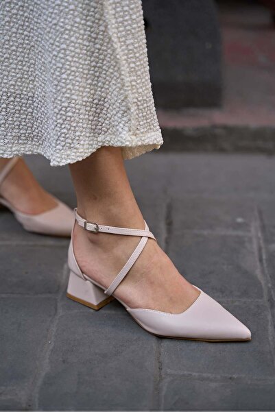 Madamra Beige Women's Cross Strap Classic Heeled Shoes