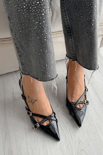 DUXAL SHOES Tocuri de damă din piele lacuită neagră cu două dungi